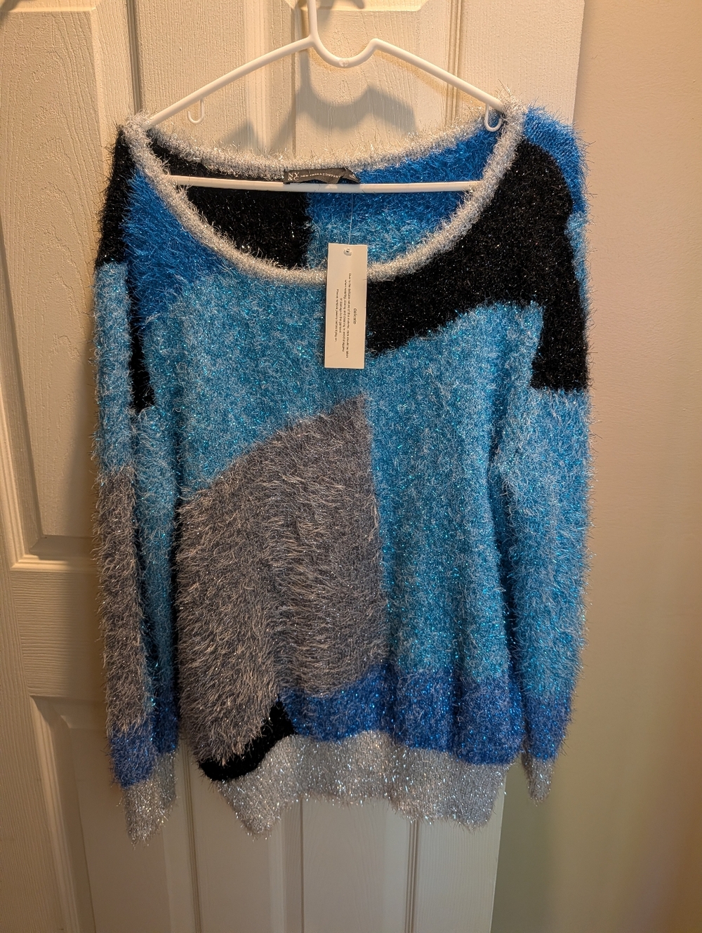 New York & Company Blue, Gray and Black Fuzzy Colorblock Sweater